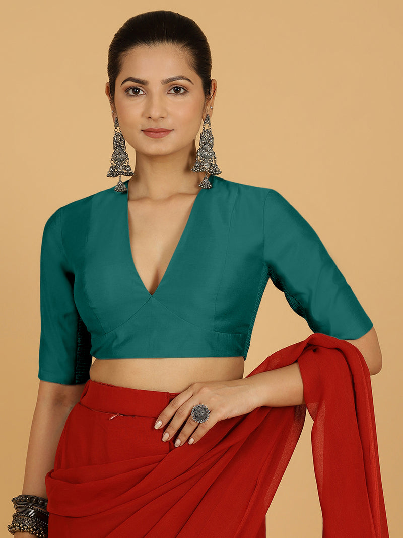 Damini x Rozaana | Peacock Green Elbow Sleeves V-Neck Saree Blouse-Binks