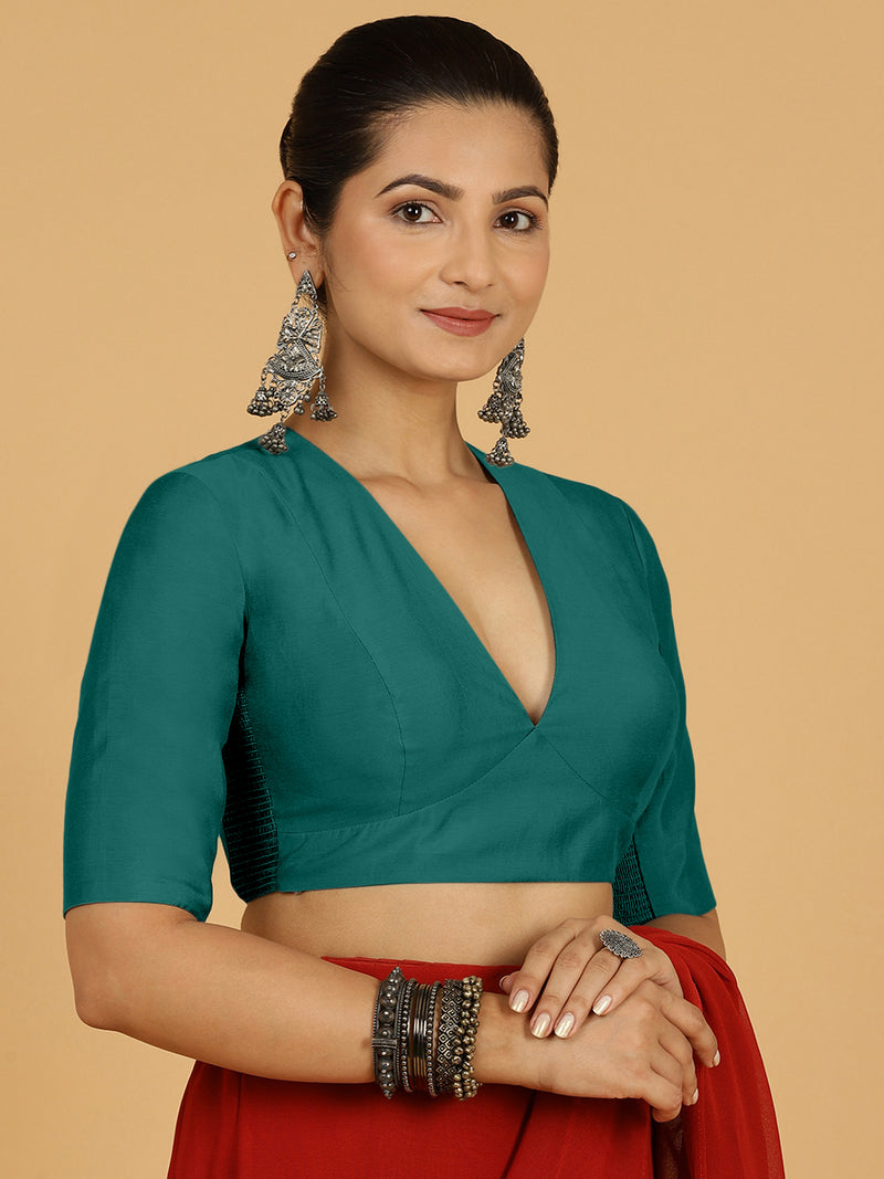 Damini x Rozaana | Peacock Green Elbow Sleeves V-Neck Saree Blouse-Binks