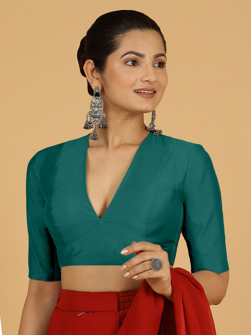 Damini x Rozaana | Peacock Green Elbow Sleeves V-Neck Saree Blouse-Binks