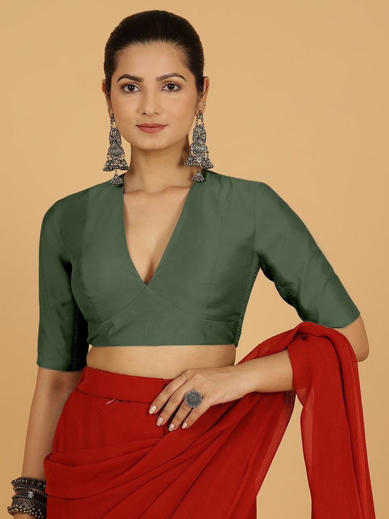 Damini x Rozaana | Pine Green Elbow Sleeves V-Neck Saree Blouse-Binks