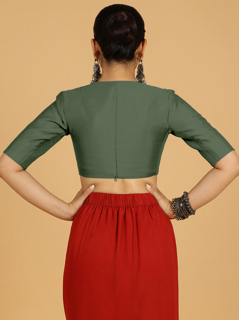 Damini x Rozaana | Pine Green Elbow Sleeves V-Neck Saree Blouse-Binks