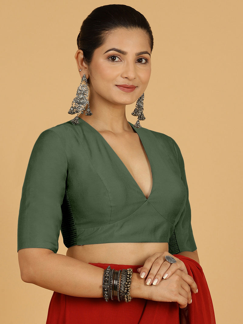 Damini x Rozaana | Pine Green Elbow Sleeves V-Neck Saree Blouse-Binks