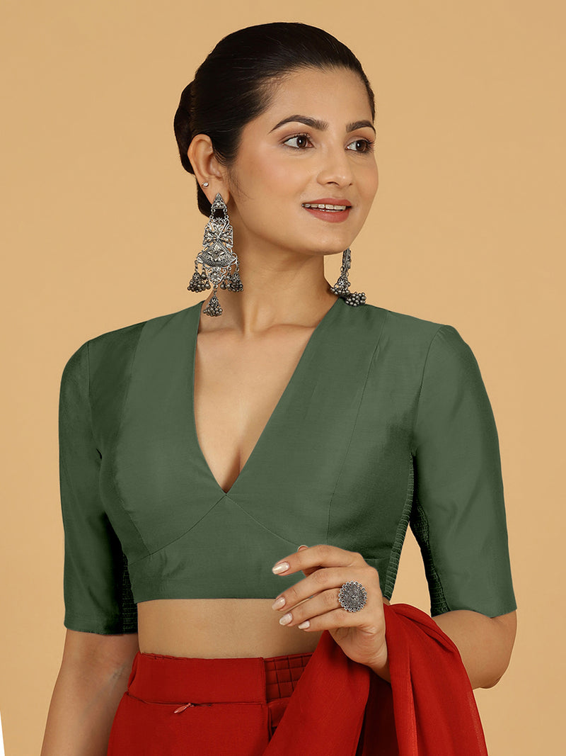 Damini x Rozaana | Pine Green Elbow Sleeves V-Neck Saree Blouse-Binks