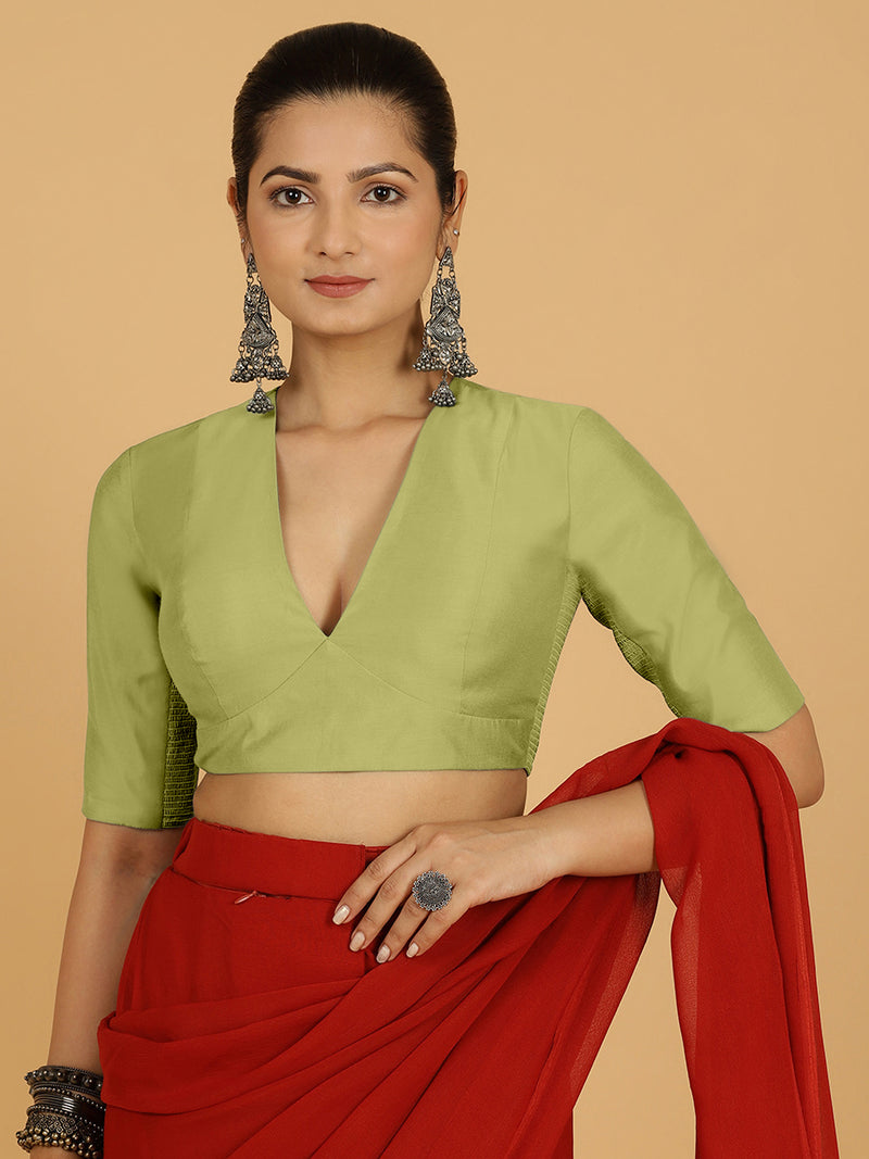 Damini x Rozaana | Pista Green Elbow Sleeves V-Neck Saree Blouse-Binks
