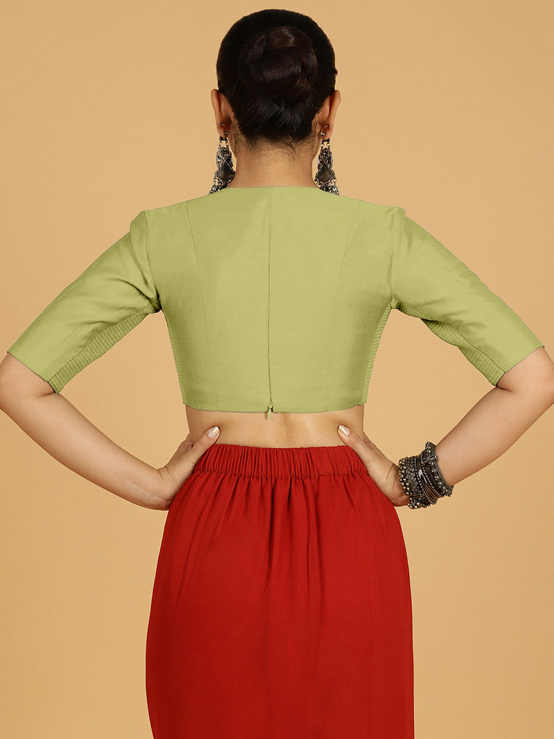 Damini x Rozaana | Pista Green Elbow Sleeves V-Neck Saree Blouse-Binks