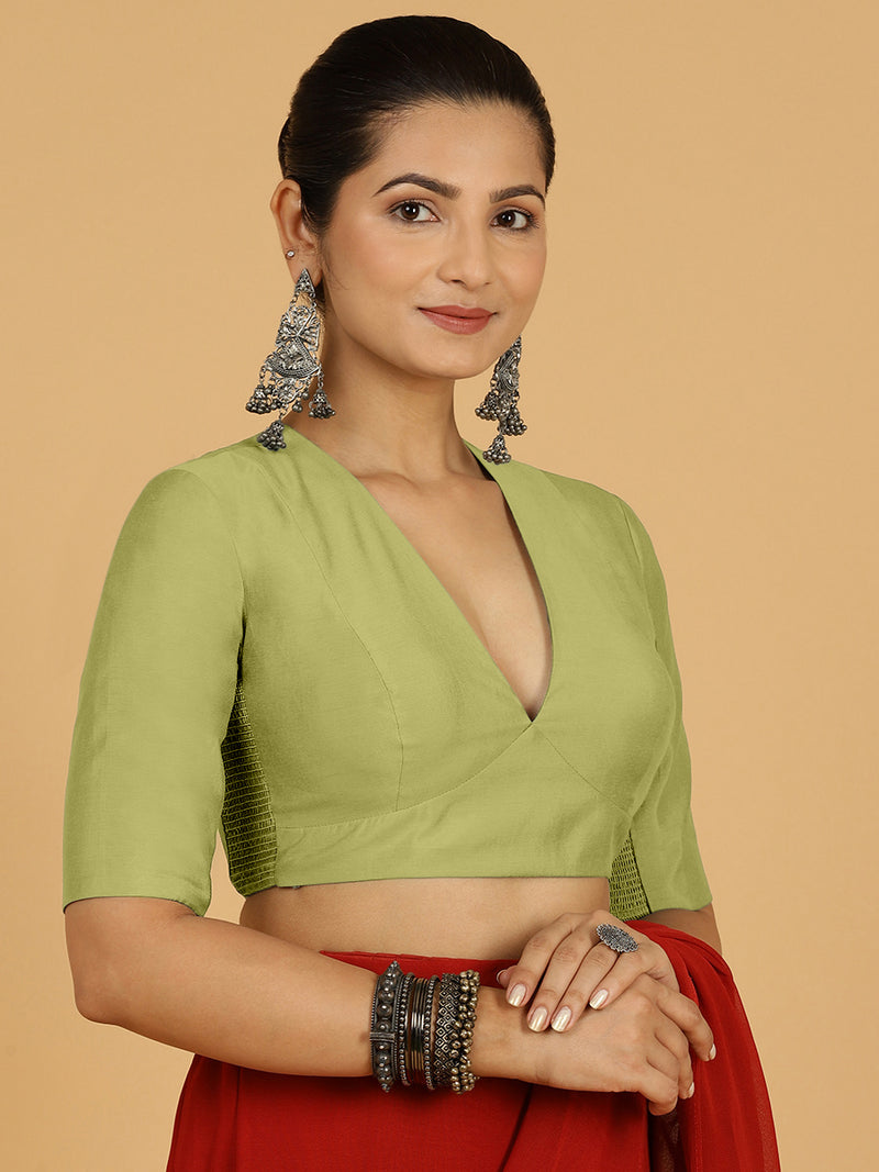 Damini x Rozaana | Pista Green Elbow Sleeves V-Neck Saree Blouse-Binks