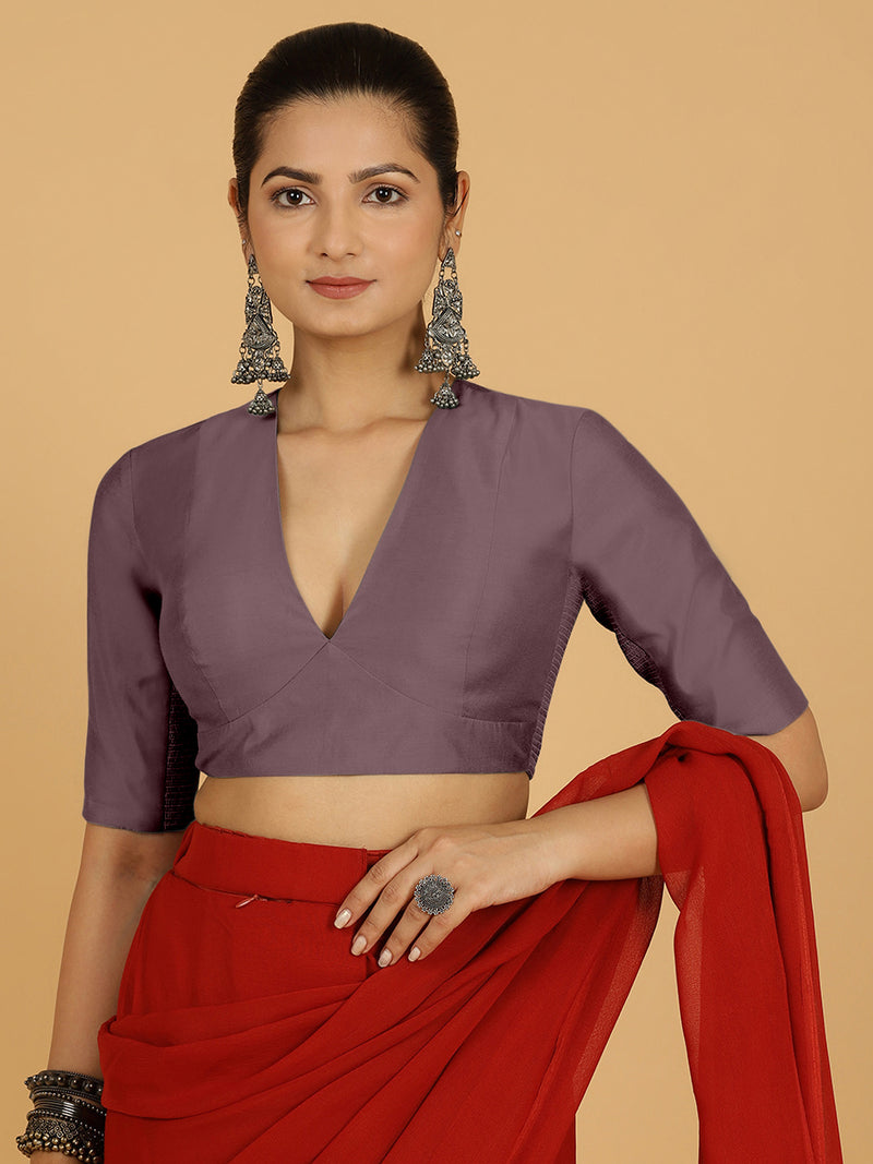 Damini x Rozaana | Purple Mauve Elbow Sleeves V-Neck Saree Blouse-Binks