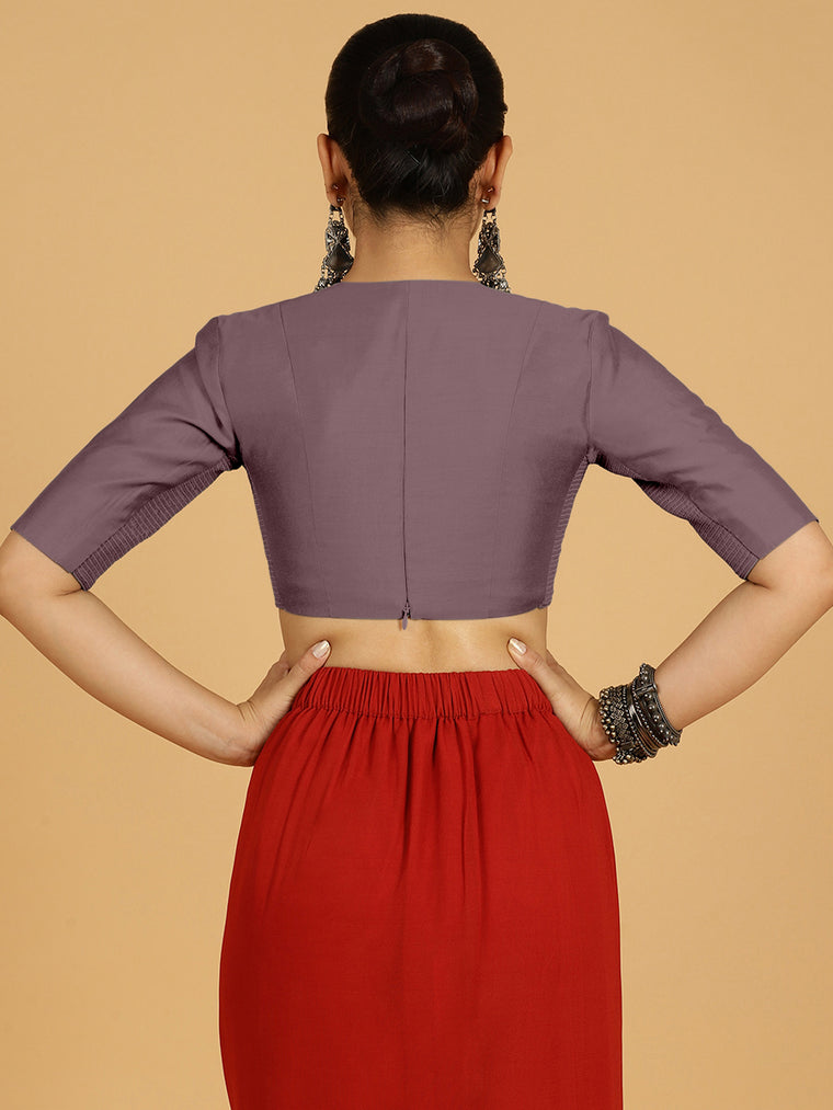 Damini x Rozaana Saree Blouse, in Purple Viscose, featuring elbow sleeves and v-neckline, made for daily & work (view 2).