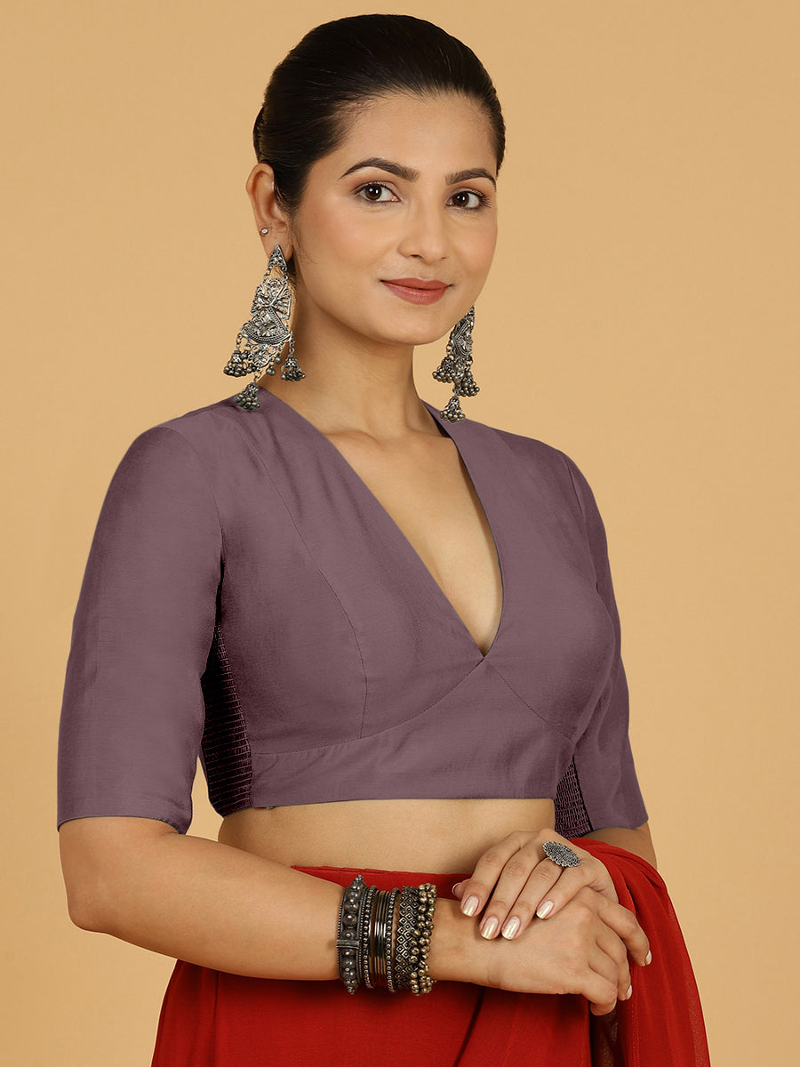 Damini x Rozaana Saree Blouse, in Purple Viscose, featuring elbow sleeves and v-neckline, made for daily & work (view 8).