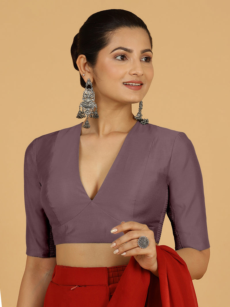 Damini x Rozaana | Purple Mauve Elbow Sleeves V-Neck Saree Blouse-Binks