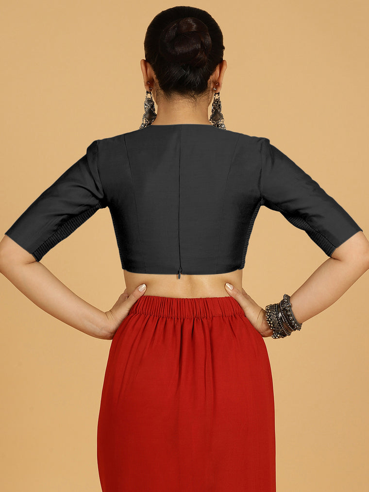 Damini x Rozaana Saree Blouse, in Black Viscose, featuring elbow sleeves and v-neckline, made for daily & work (view 2).