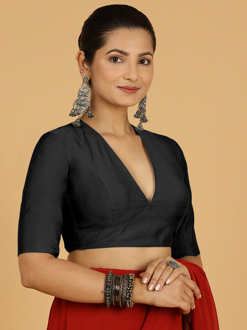 Damini x Rozaana | Raven Black Elbow Sleeves V-Neck Saree Blouse-Binks