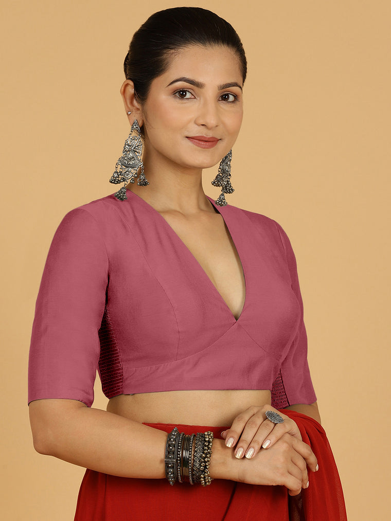 Damini x Rozaana Saree Blouse, in Pink Viscose, featuring elbow sleeves and v-neckline, made for daily & work.