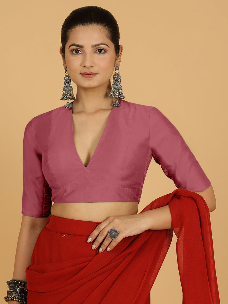 Damini x Rozaana | Rose Pink Elbow Sleeves V-Neck Saree Blouse-Binks
