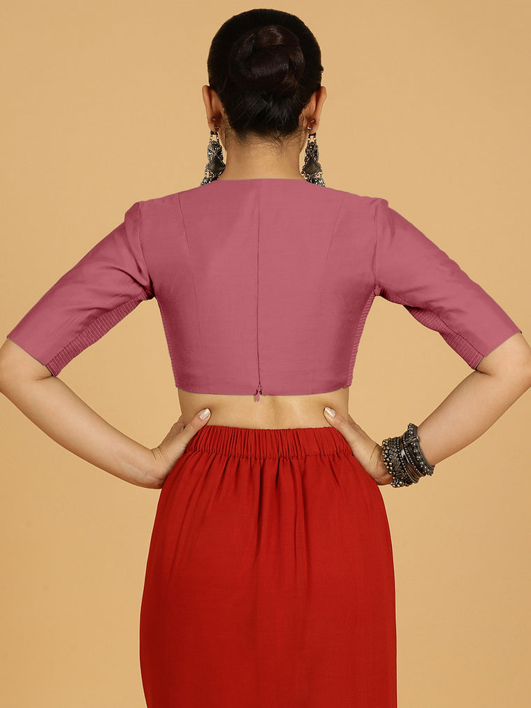 Damini x Rozaana Saree Blouse, in Pink Viscose, featuring elbow sleeves and v-neckline, made for daily & work (view 2).