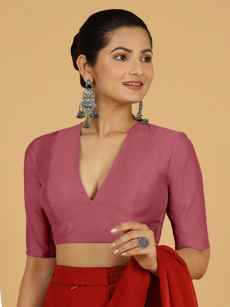 Damini x Rozaana | Rose Pink Elbow Sleeves V-Neck Saree Blouse-Binks