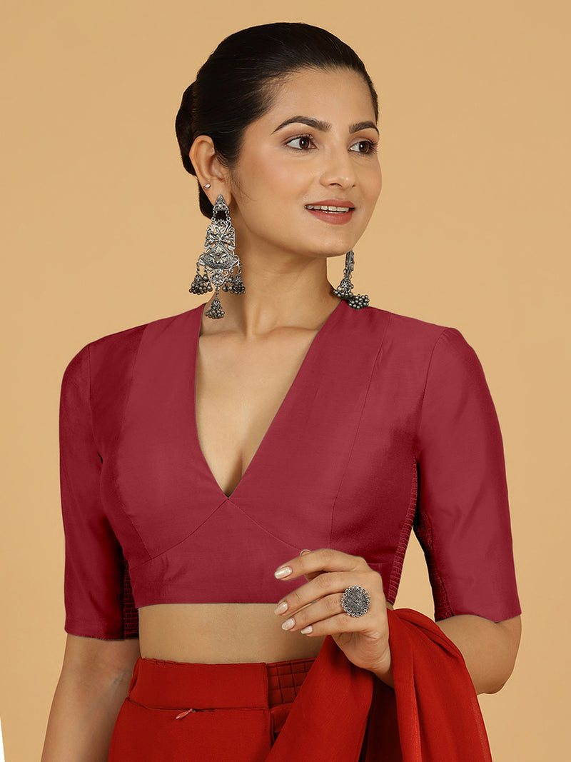 Damini x Rozaana | Scarlet Red Elbow Sleeves V-Neck Saree Blouse-Binks
