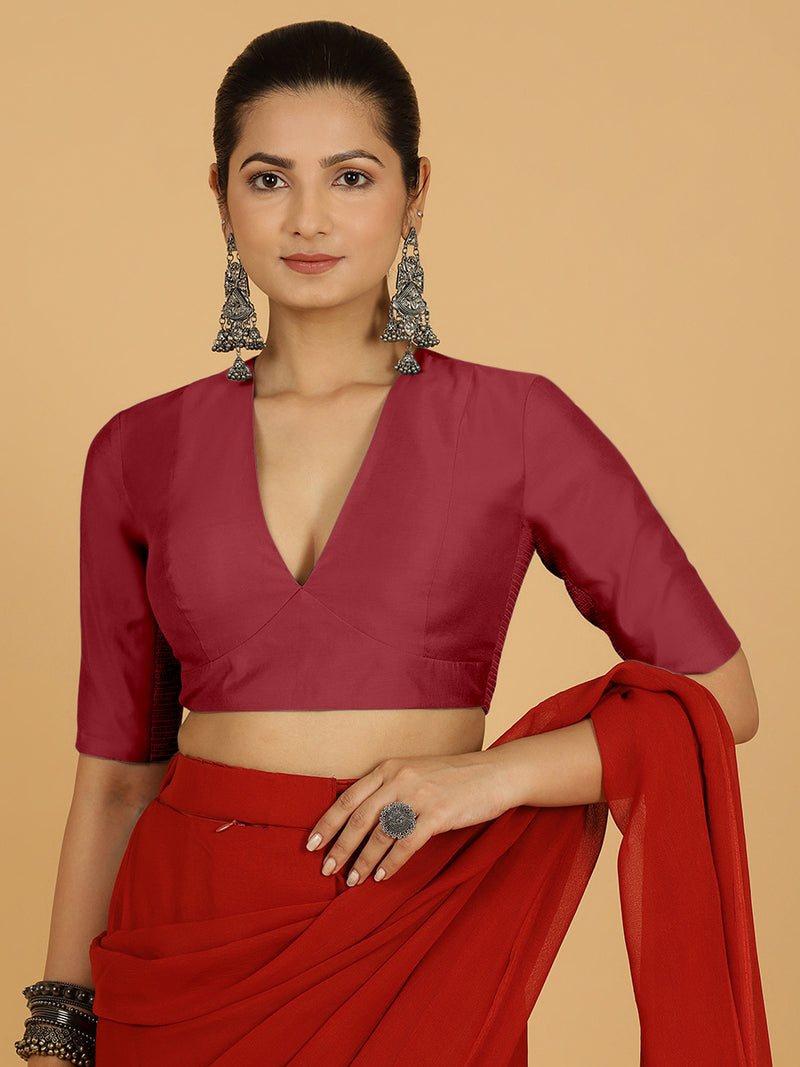 Damini x Rozaana | Scarlet Red Elbow Sleeves V-Neck Saree Blouse-Binks