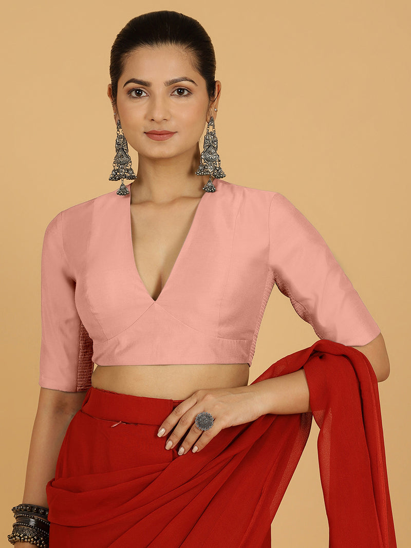 Damini x Rozaana | Sea Pink Elbow Sleeves V-Neck Saree Blouse-Binks