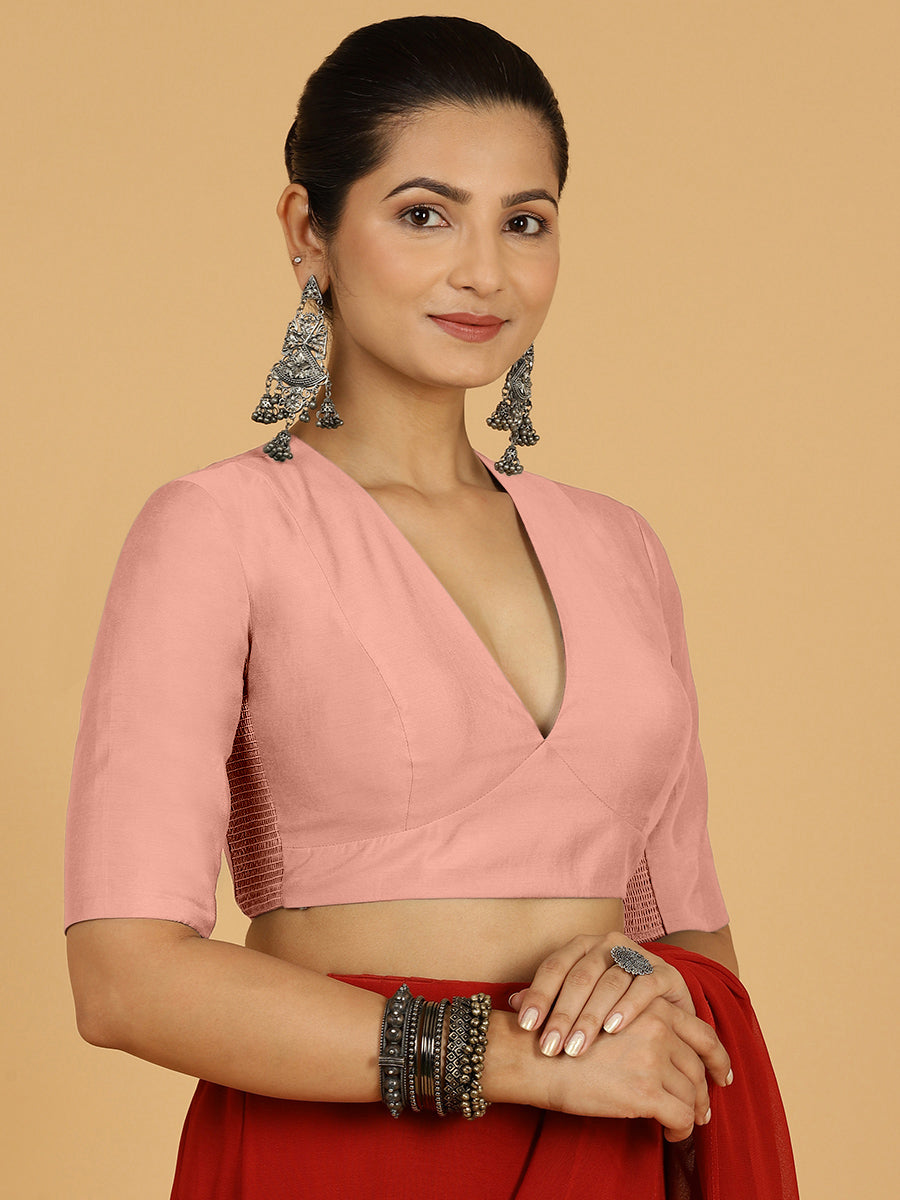 Damini x Rozaana Saree Blouse, in Pink Viscose, featuring elbow sleeves and v-neckline, made for daily & work (view 8).