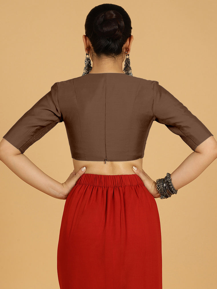 Damini x Rozaana Saree Blouse, in Brown Viscose, featuring elbow sleeves and v-neckline, made for daily & work (view 2).