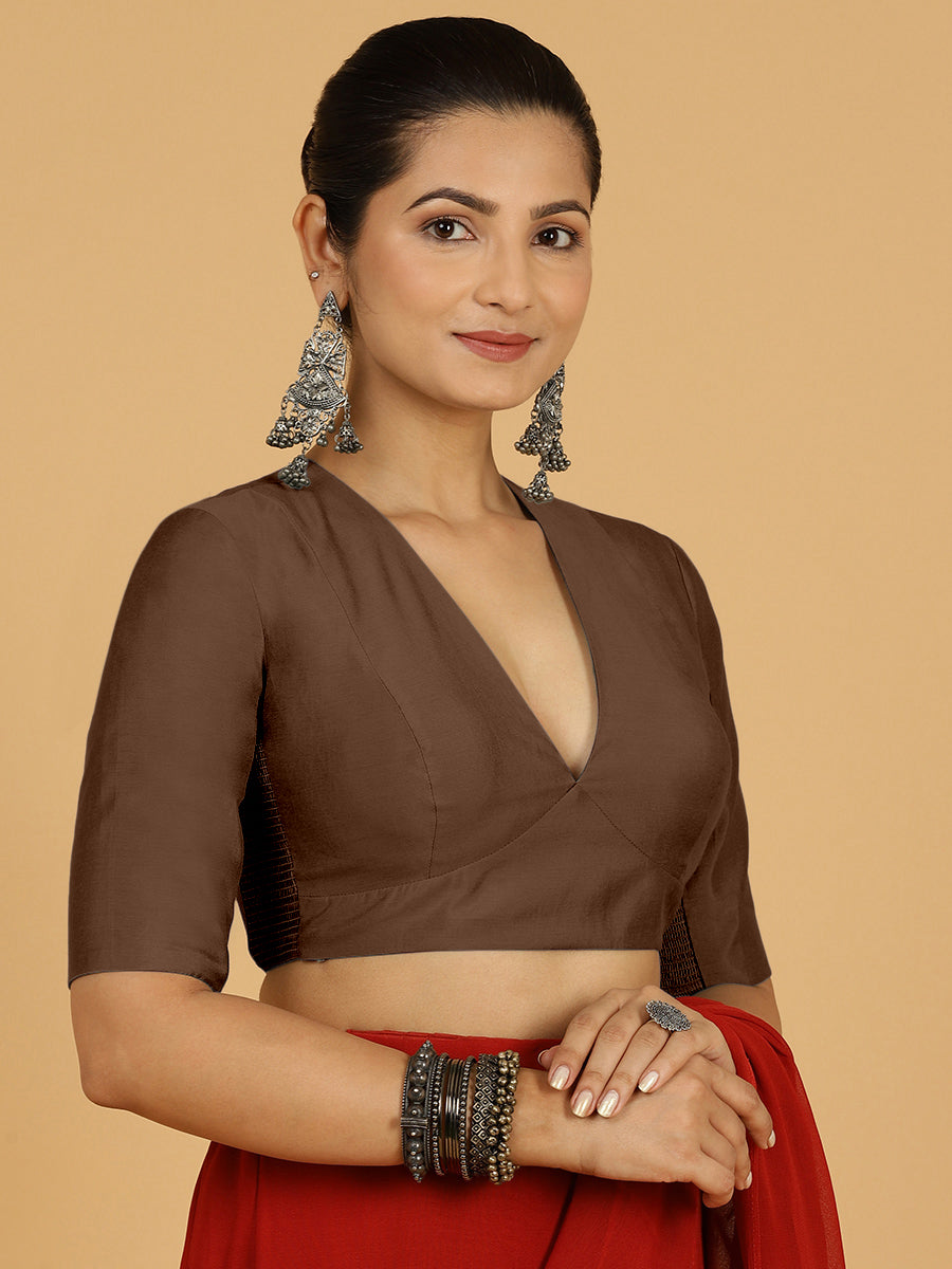 Damini x Rozaana Saree Blouse, in Brown Viscose, featuring elbow sleeves and v-neckline, made for daily & work (view 8).
