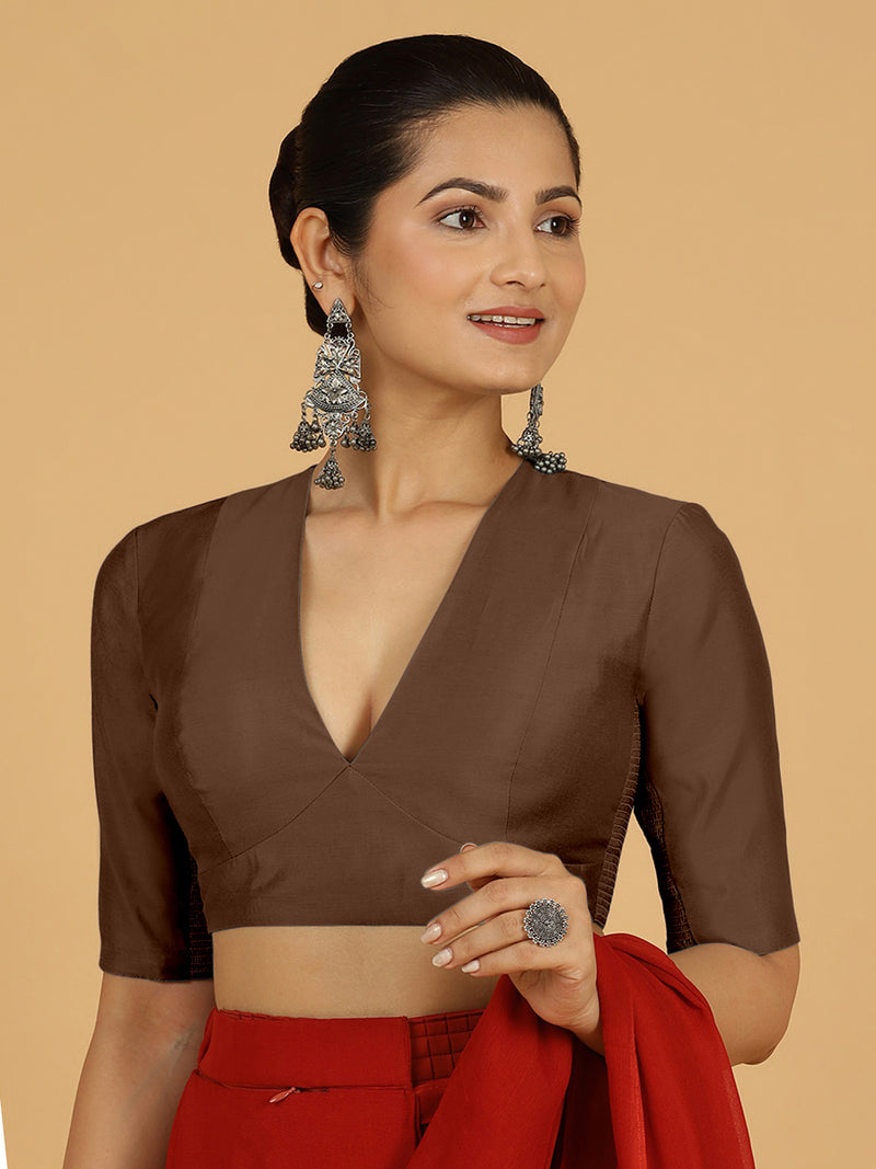 Damini x Rozaana | Walnut Brown Elbow Sleeves V-Neck Saree Blouse-Binks