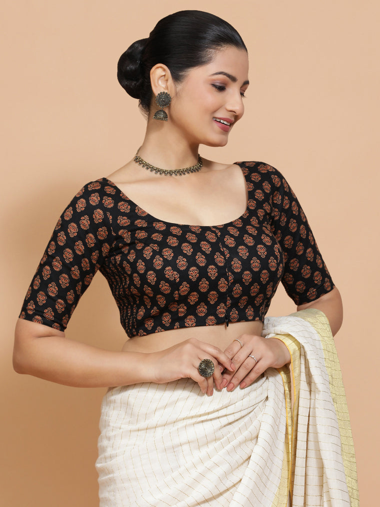 Deepali x Rozaana Saree Blouse, in Black Cotton, featuring elbow sleeves and round neckline, made for daily & work.