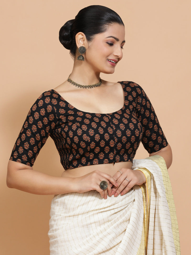Deepali x Rozaana | Elbow Sleeves Cotton Saree Blouse in Black Peacock Block Print Fabric-Binks