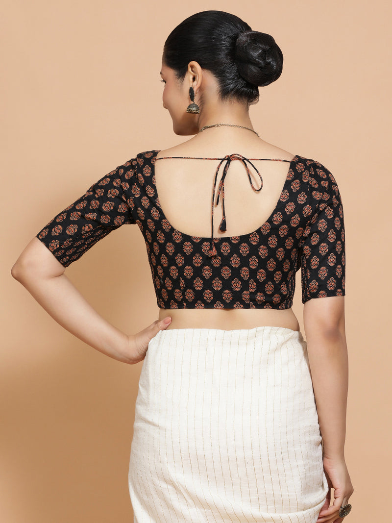 Deepali x Rozaana | Elbow Sleeves Cotton Saree Blouse in Black Peacock Block Print Fabric-Binks