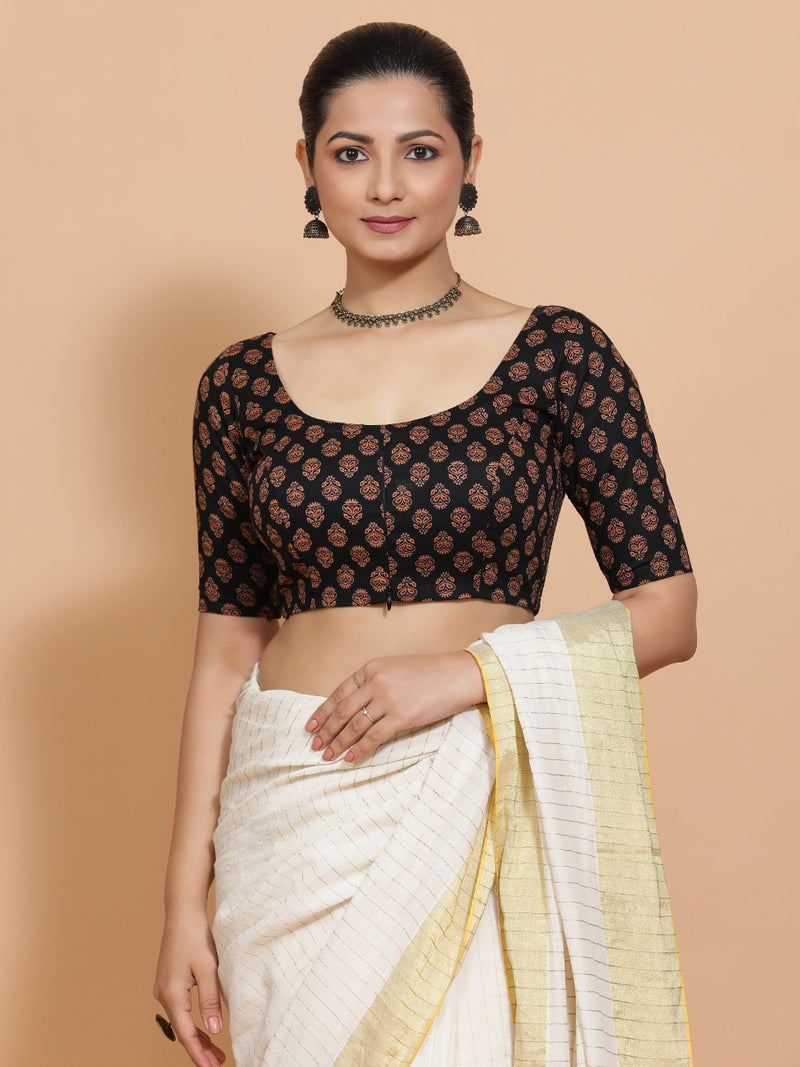 Deepali x Rozaana | Elbow Sleeves Cotton Saree Blouse in Black Peacock Block Print Fabric-Binks