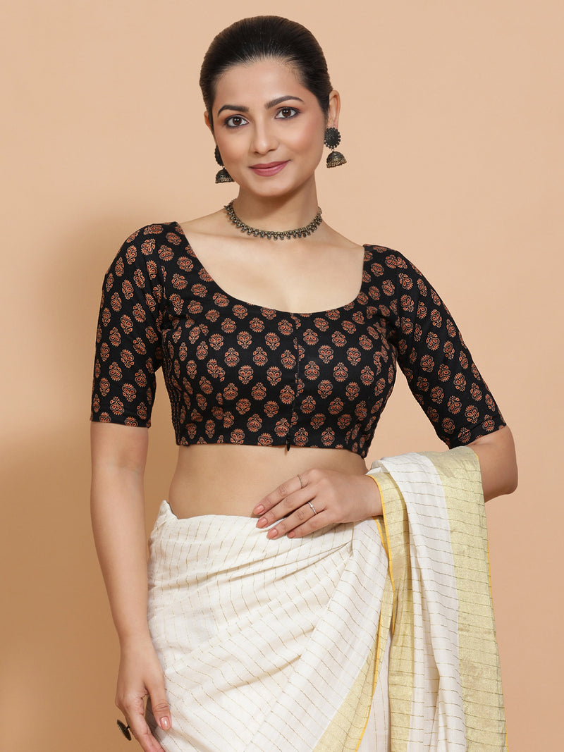 Deepali x Rozaana | Elbow Sleeves Cotton Saree Blouse in Black Peacock Block Print Fabric-Binks