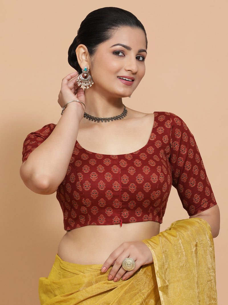 Deepali x Rozaana | Elbow Sleeves Cotton Saree Blouse in Red Peacock Block Print Fabric-Binks