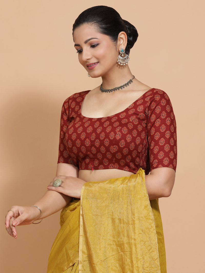 Deepali x Rozaana | Elbow Sleeves Cotton Saree Blouse in Red Peacock Block Print Fabric-Binks