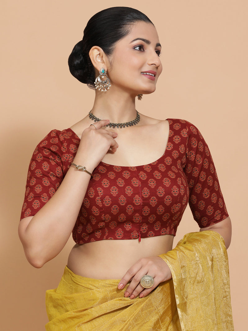 Deepali x Rozaana | Elbow Sleeves Cotton Saree Blouse in Red Peacock Block Print Fabric-Binks
