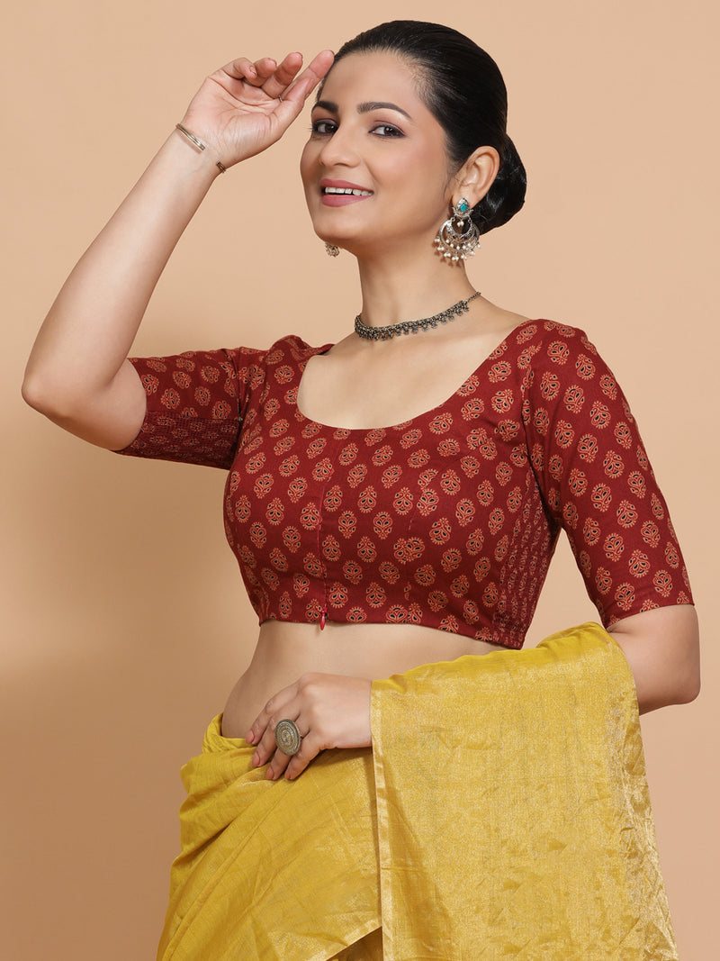 Deepali x Rozaana | Elbow Sleeves Cotton Saree Blouse in Red Peacock Block Print Fabric-Binks