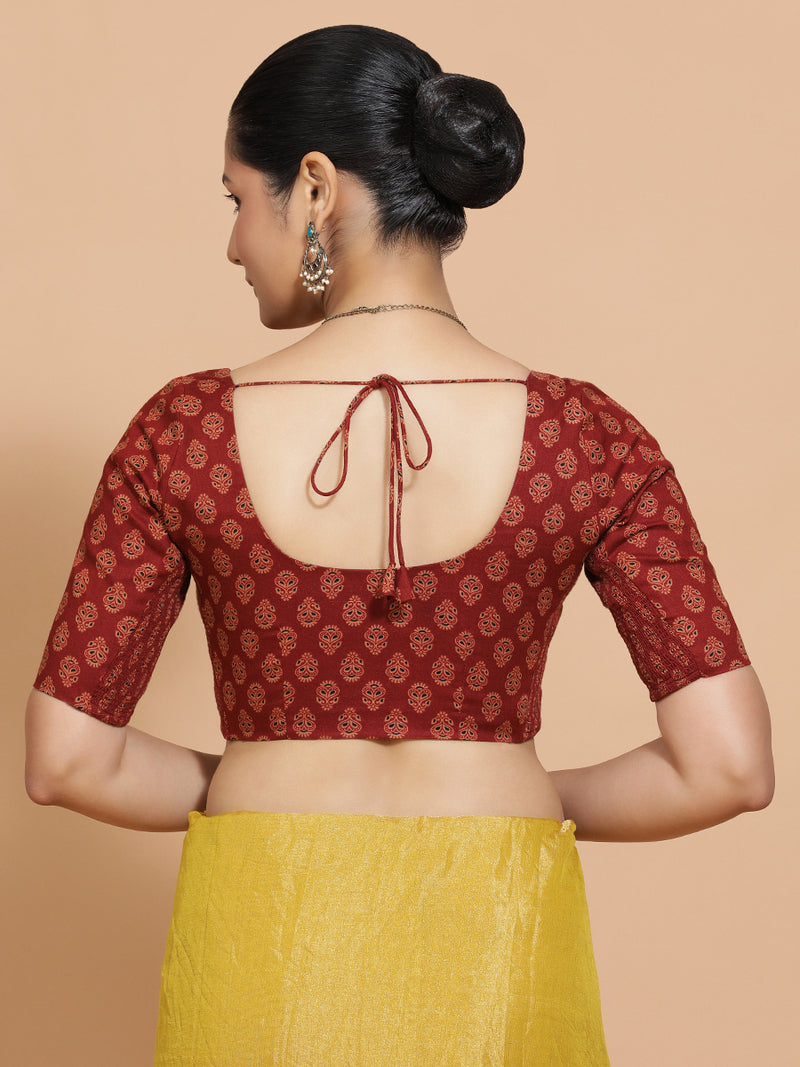 Deepali x Rozaana | Elbow Sleeves Cotton Saree Blouse in Red Peacock Block Print Fabric-Binks