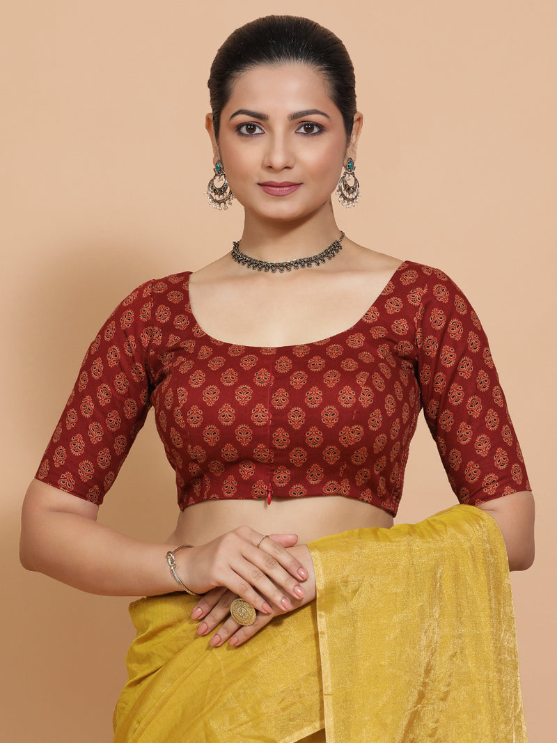 Deepali x Rozaana | Elbow Sleeves Cotton Saree Blouse in Red Peacock Block Print Fabric-Binks