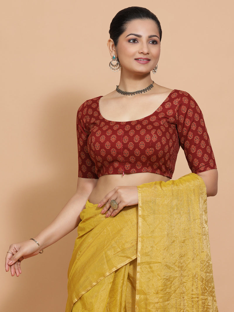 Deepali x Rozaana | Elbow Sleeves Cotton Saree Blouse in Red Peacock Block Print Fabric-Binks
