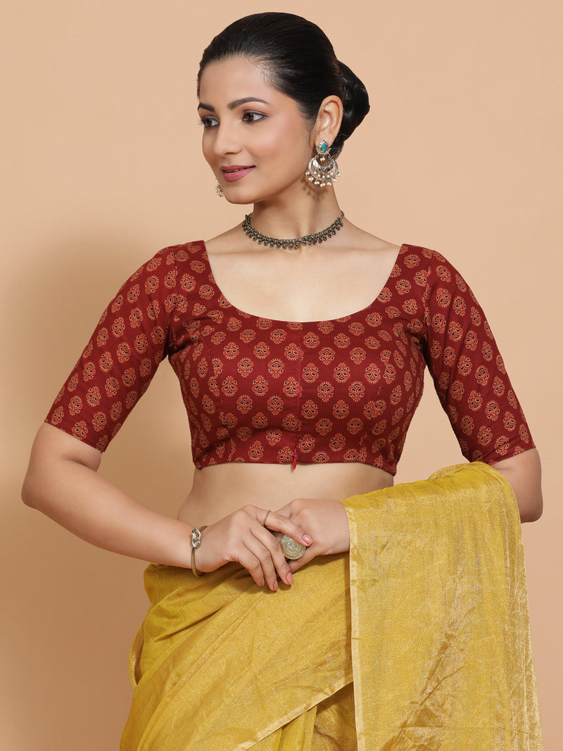 Deepali x Rozaana | Elbow Sleeves Cotton Saree Blouse in Red Peacock Block Print Fabric-Binks