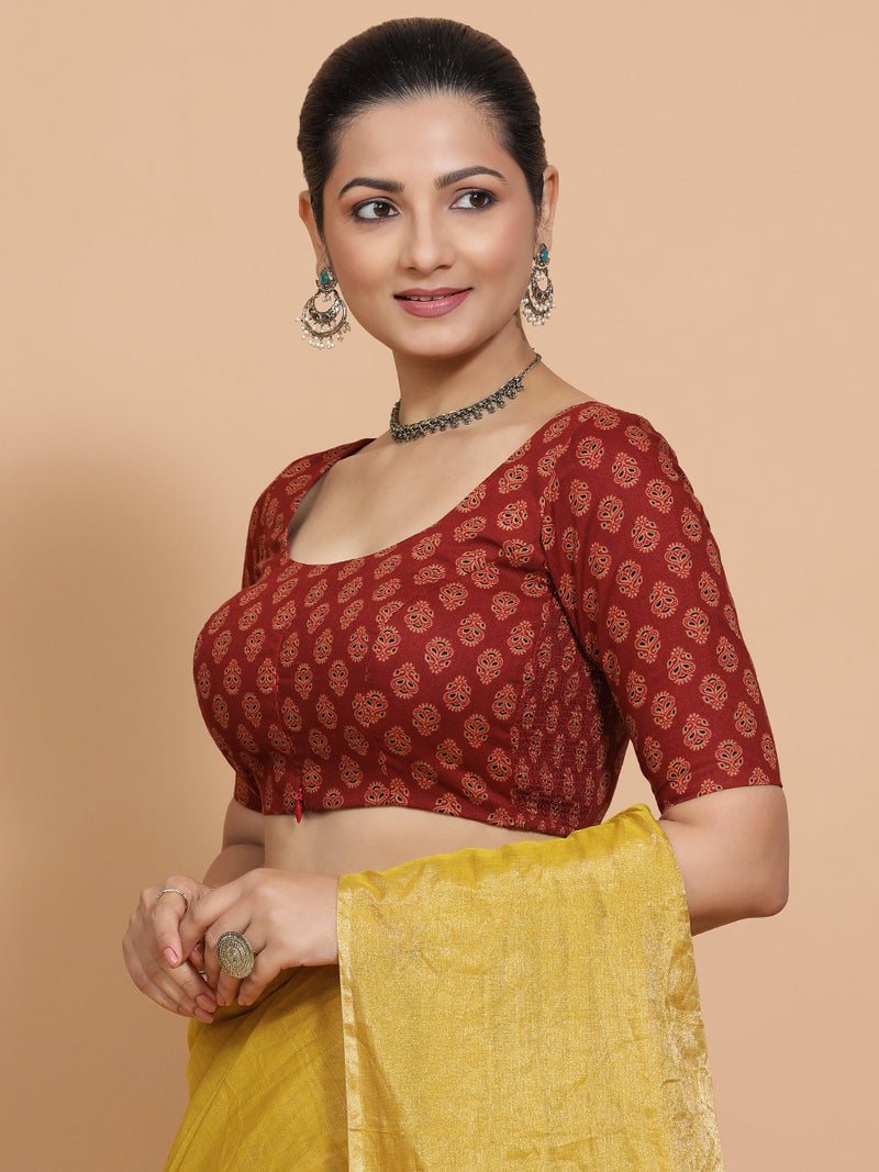 Deepali x Rozaana | Elbow Sleeves Cotton Saree Blouse in Red Peacock Block Print Fabric-Binks