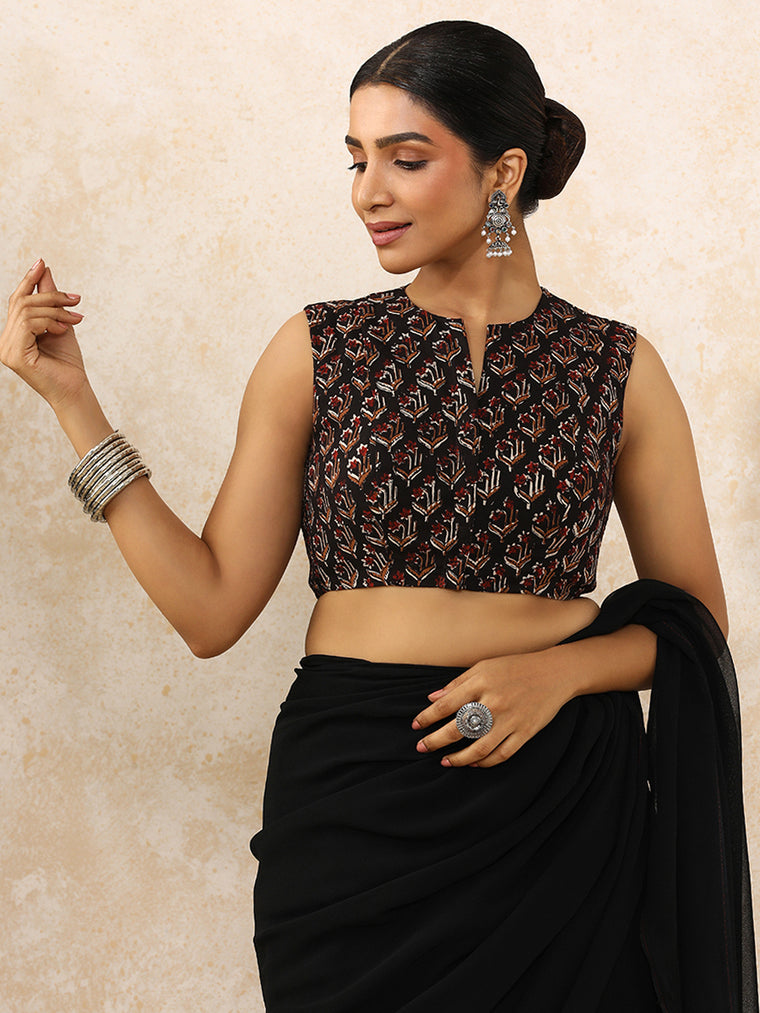 Deetya x Rozaana Saree Blouse, in Black 100% Cotton - Block Printed, featuring sleeveless and jewel neckline.