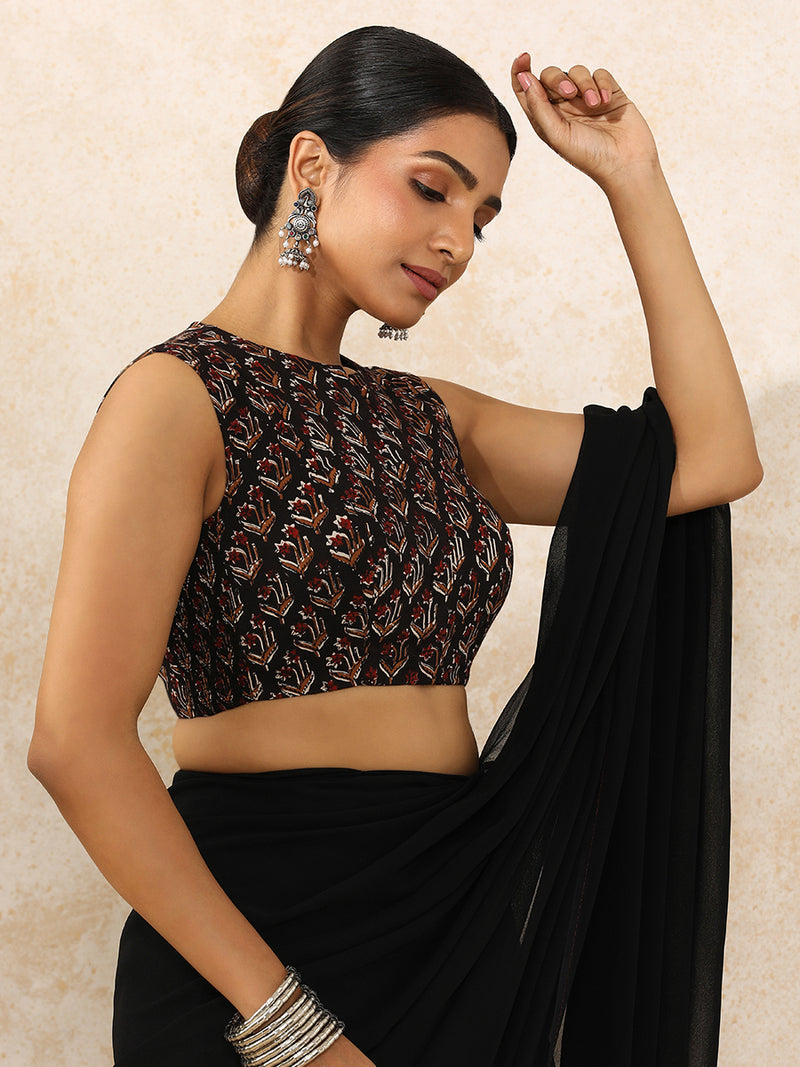 Deetya x Rozaana | Sleeveless Saree Blouse in Midnight Lily Block Print Cotton-Binks