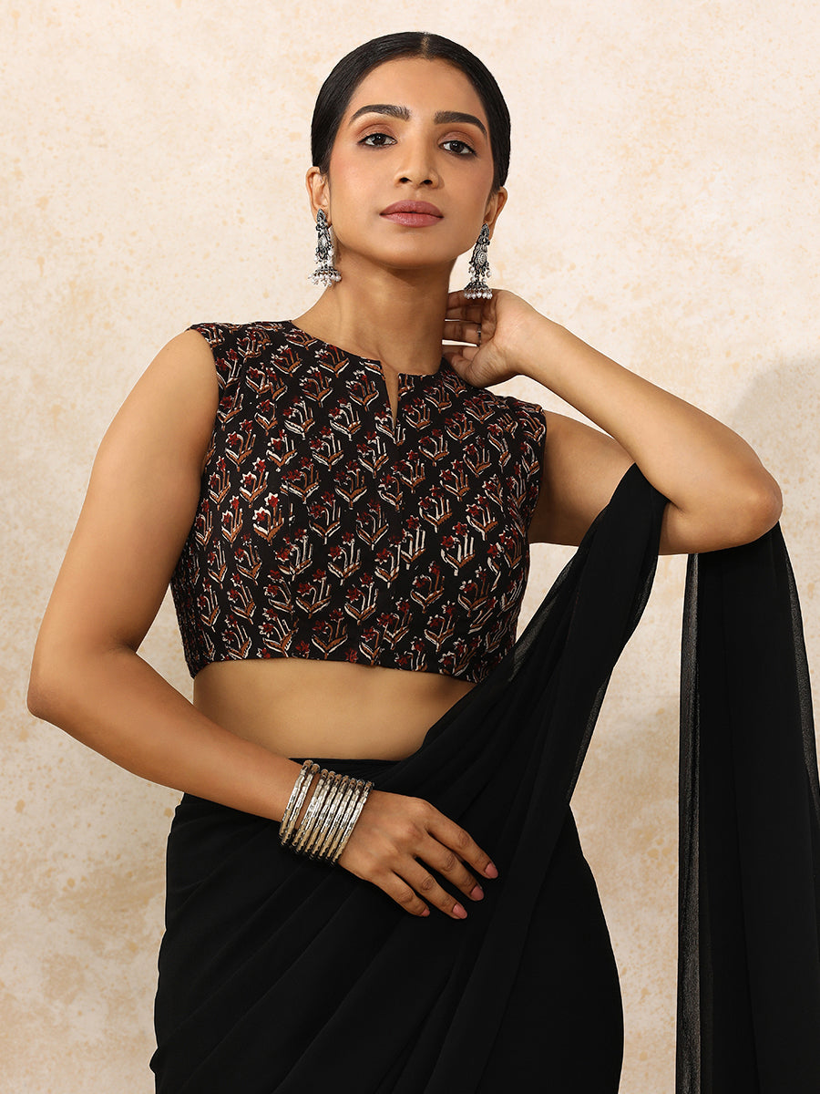 Deetya x Rozaana Saree Blouse, in Black 100% Cotton - Block Printed, featuring sleeveless and jewel neckline (view 8).