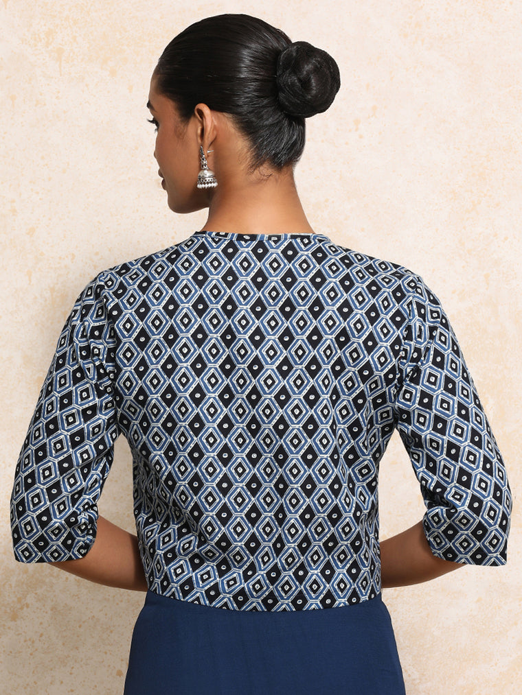 Devanshi x Rozaana Saree Blouse, in Blue 100% Cotton - Block Printed, featuring elbow sleeves and jewel neckline (view 2).