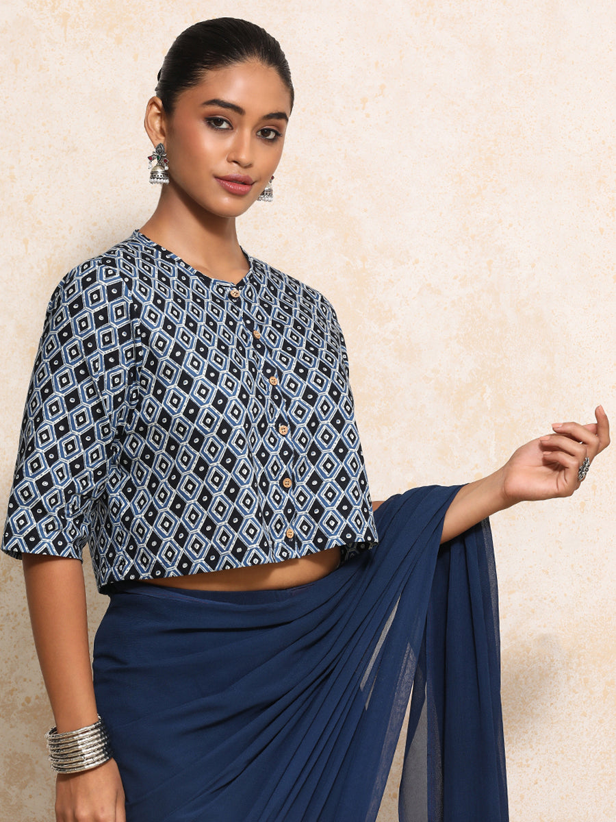 Devanshi x Rozaana Saree Blouse, in Blue 100% Cotton - Block Printed, featuring elbow sleeves and jewel neckline (view 7).