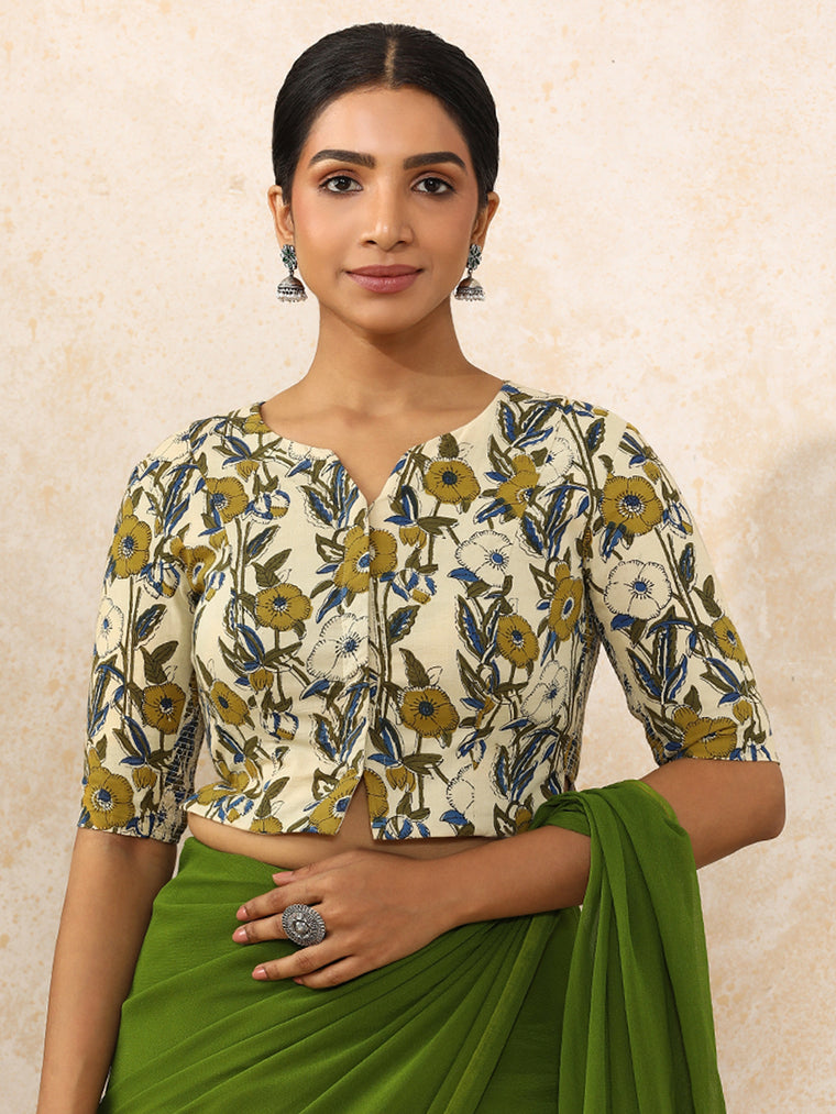 Devika x Rozaana Saree Blouse, in White 100% Cotton - Block Printed, featuring elbow sleeves and round neckline.
