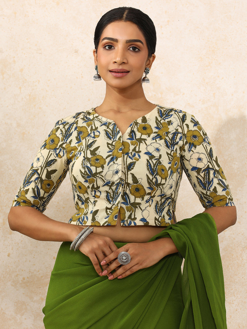 Devika x Rozaana | Elbow Sleeves Saree Blouse in Cream Meadow Block Print Cotton-Binks