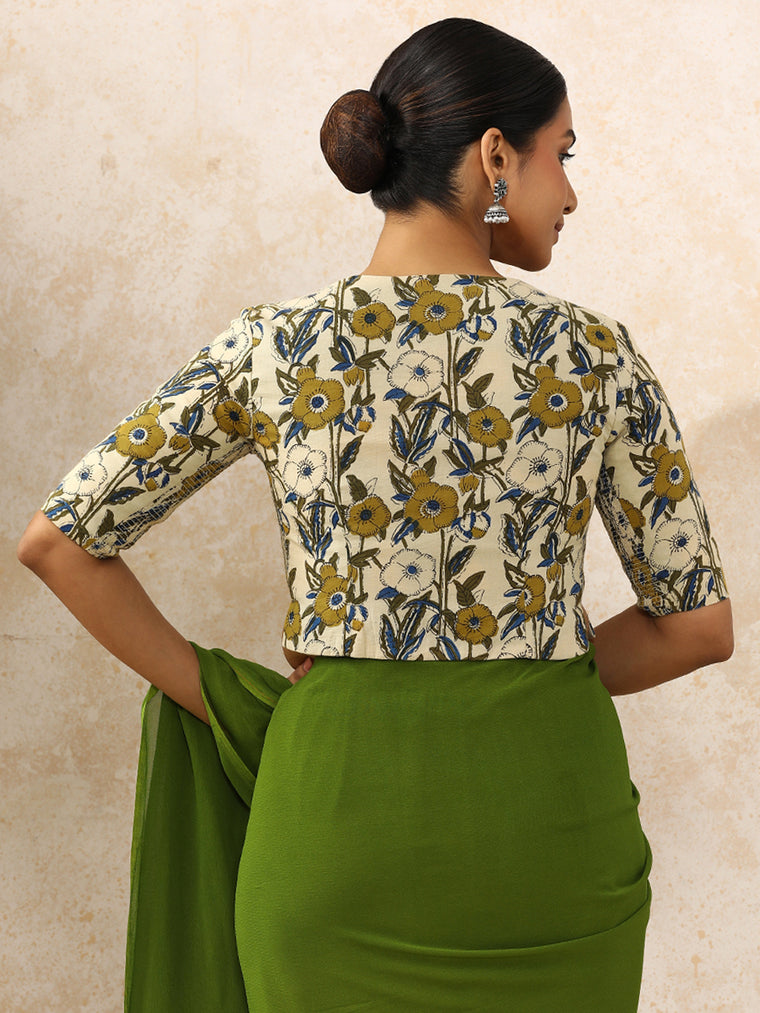 Devika x Rozaana Saree Blouse, in White 100% Cotton - Block Printed, featuring elbow sleeves and round neckline (view 2).