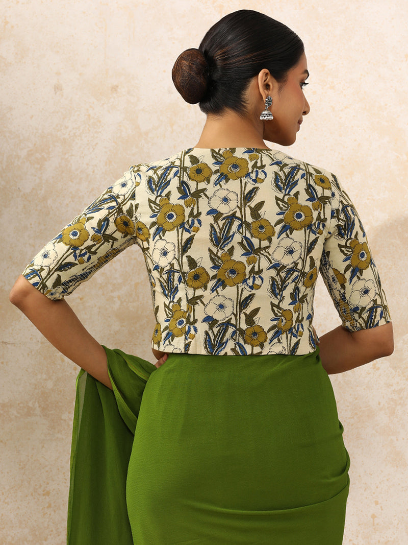 Devika x Rozaana | Elbow Sleeves Saree Blouse in Cream Meadow Block Print Cotton-Binks